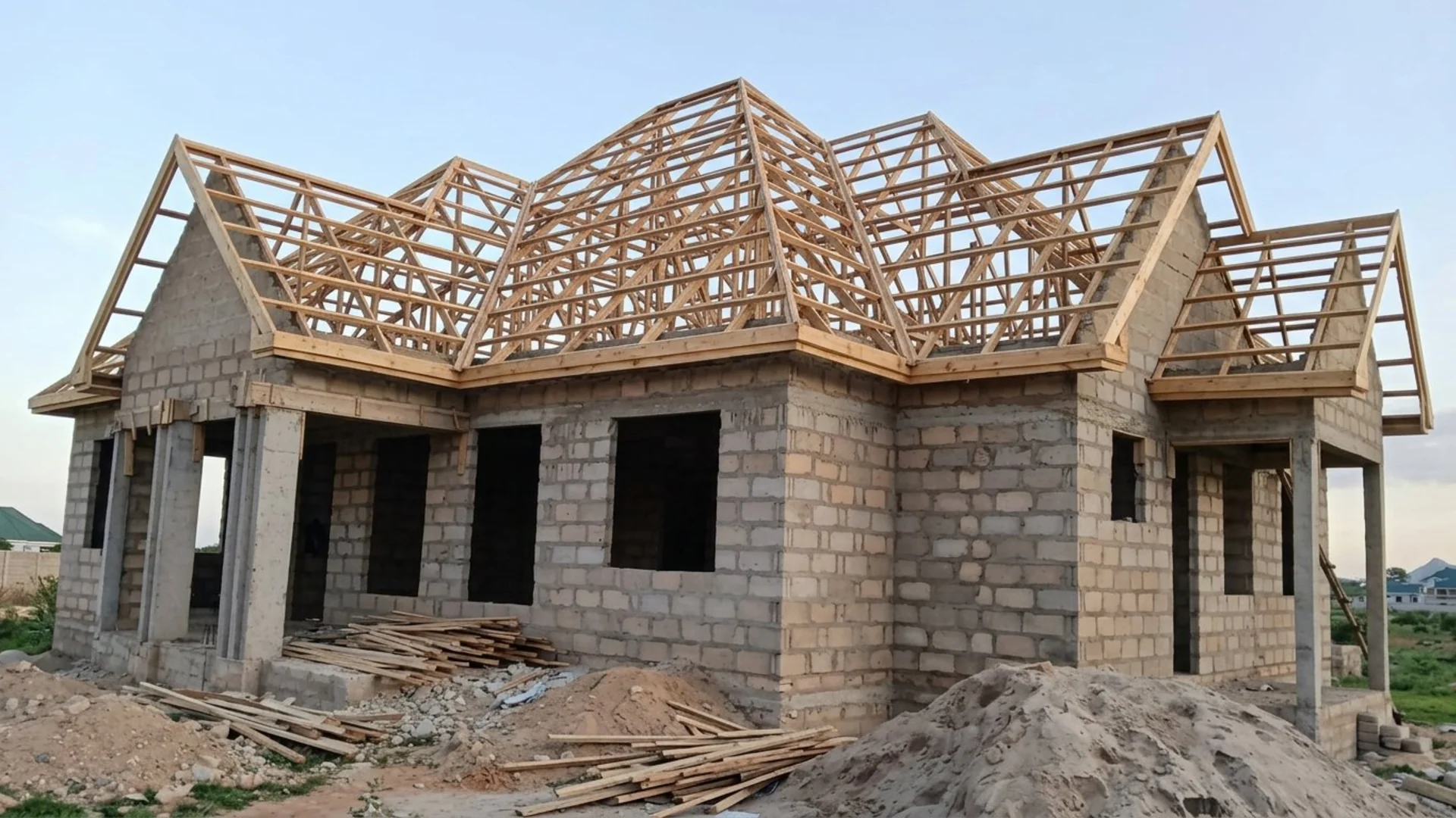 Placeholder image showing an unfinished roof structure with exposed trusses