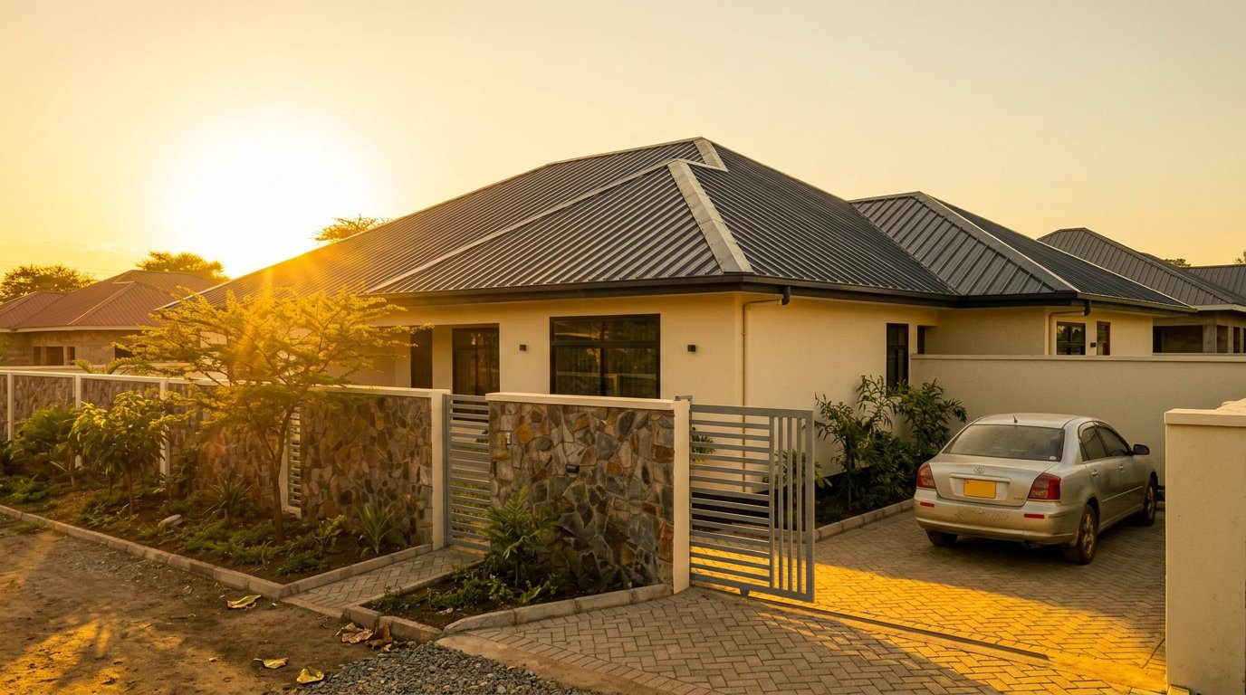 Side view of the modern family residence with a charcoal IT5 roof