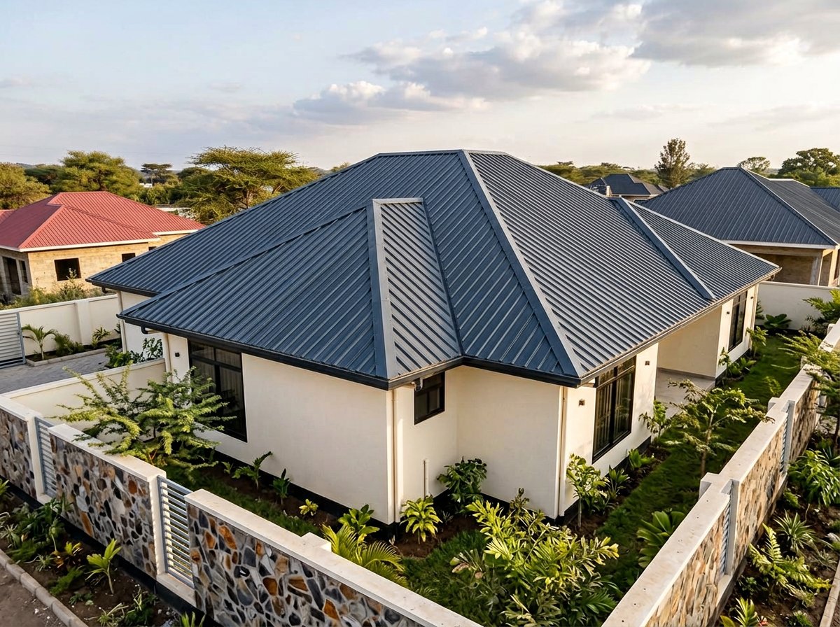 Rear view of the modern family residence with a charcoal IT5 roof