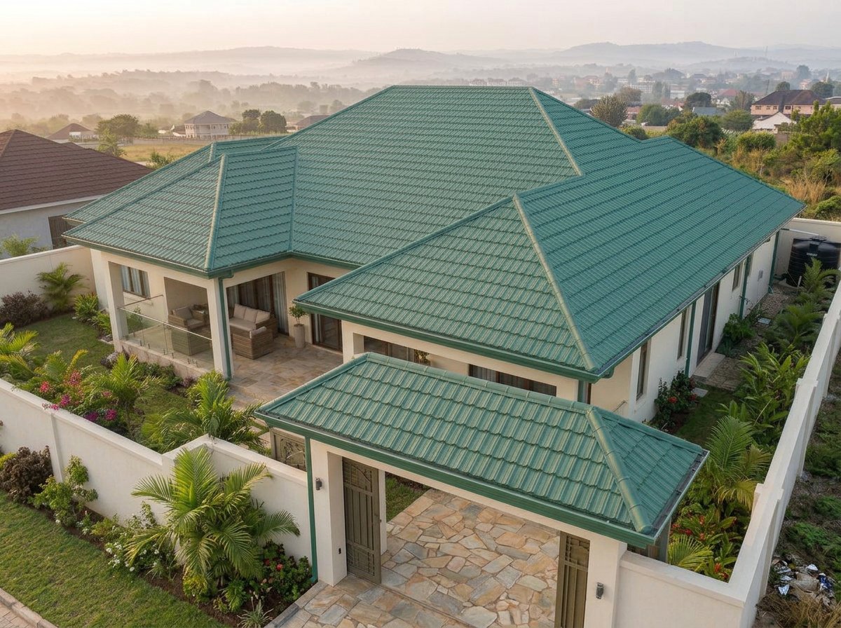Front view of the luxury villa with a green RichTile roof