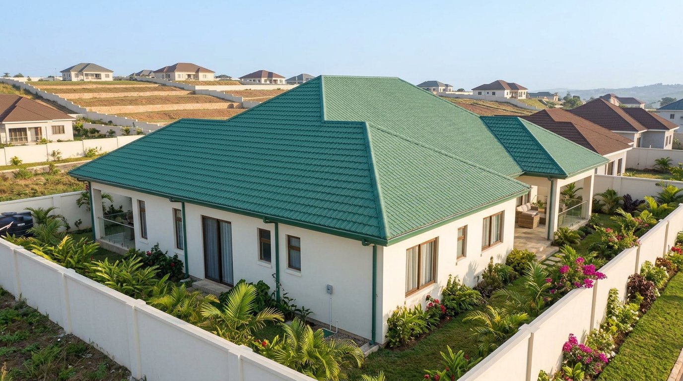 Rear view of the luxury villa with a green RichTile roof