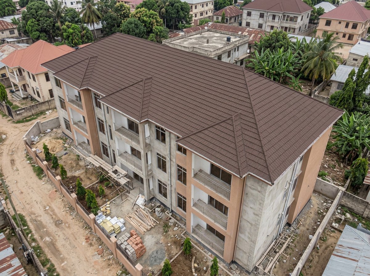 Front view of the apartment development with a brown RichTile roof