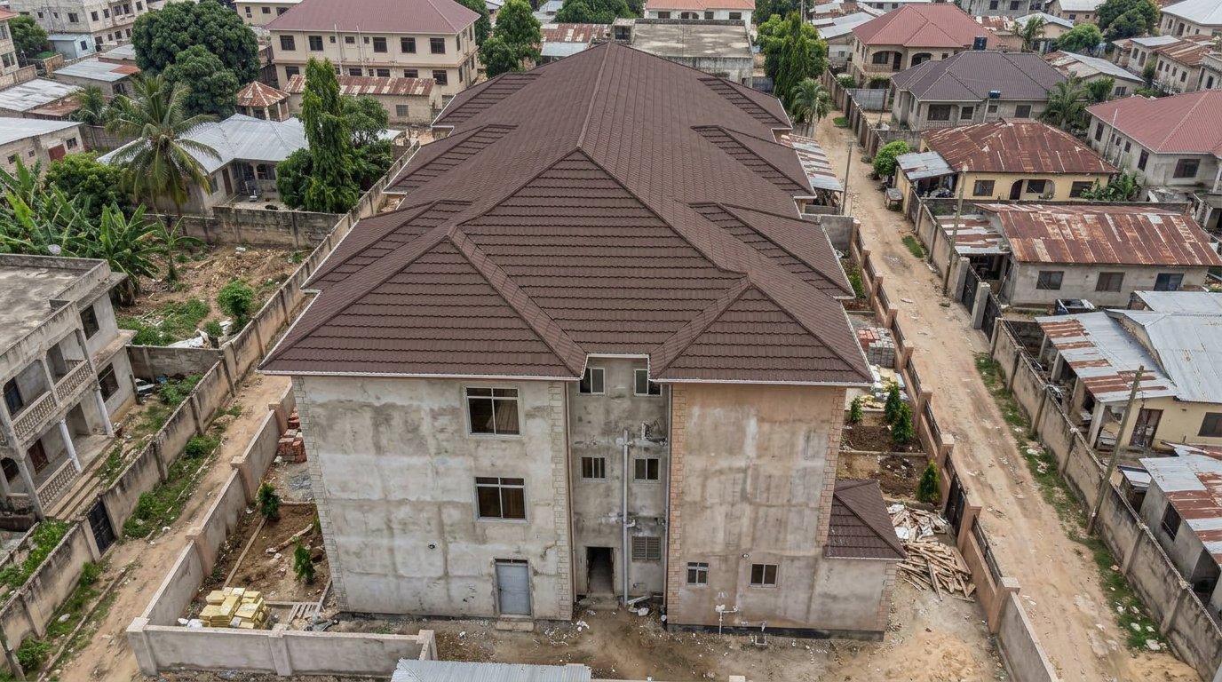 Rear view of the apartment development with a brown RichTile roof