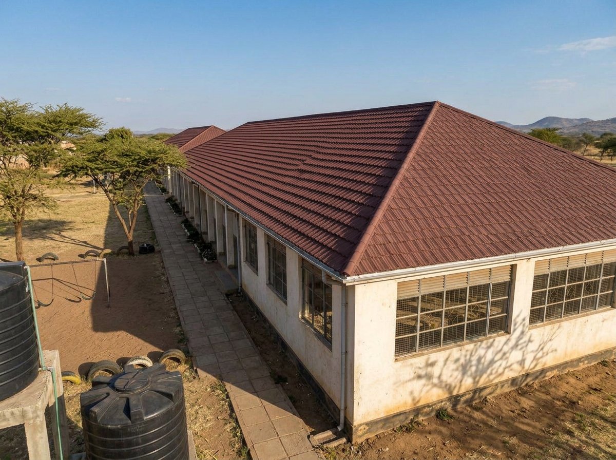 Side view of the school building with a maroon RichTile roof