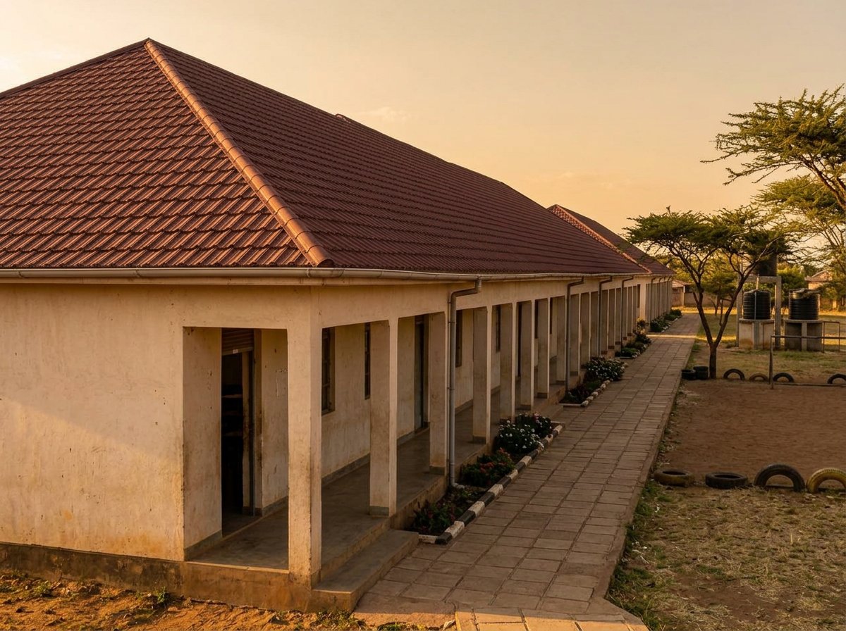 Entrance view of the school building with a maroon RichTile roof