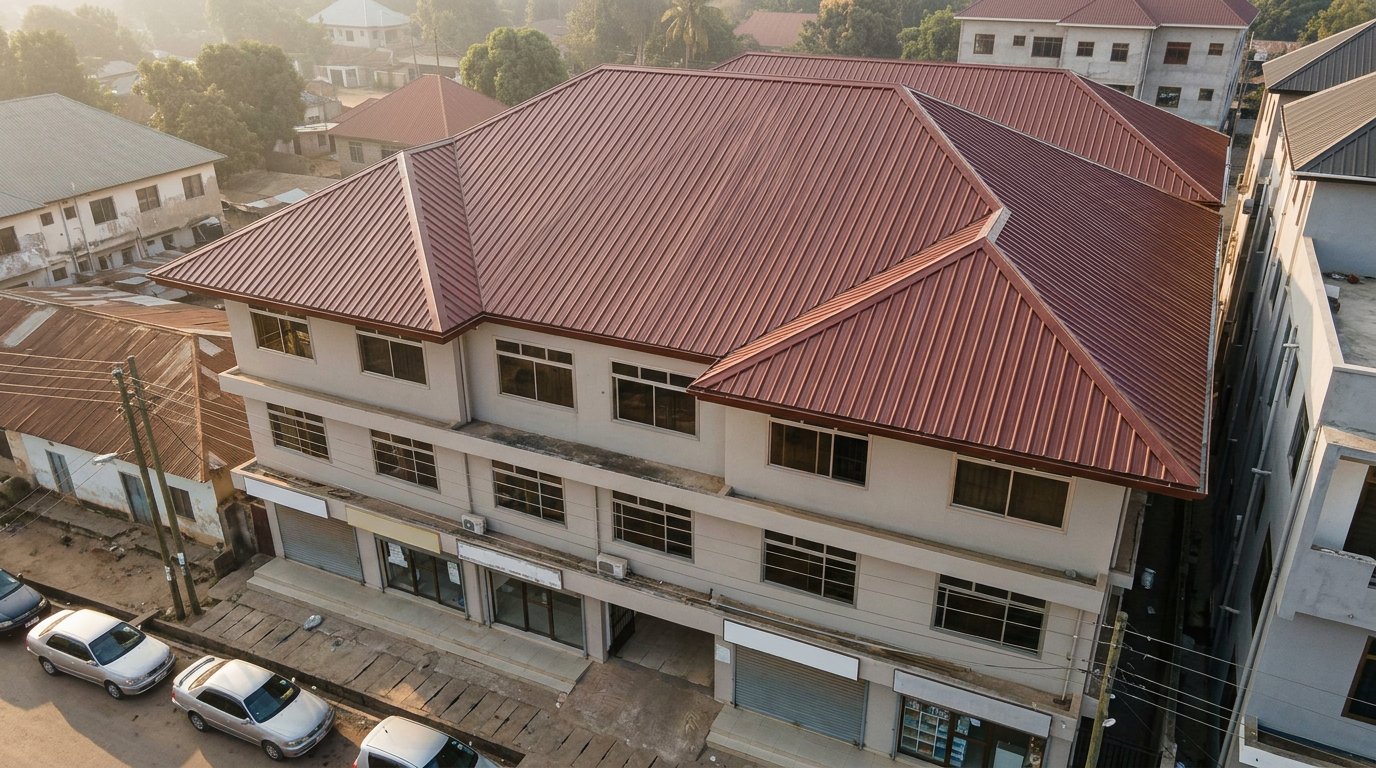 Mixed-use office building with a maroon IT5 roof