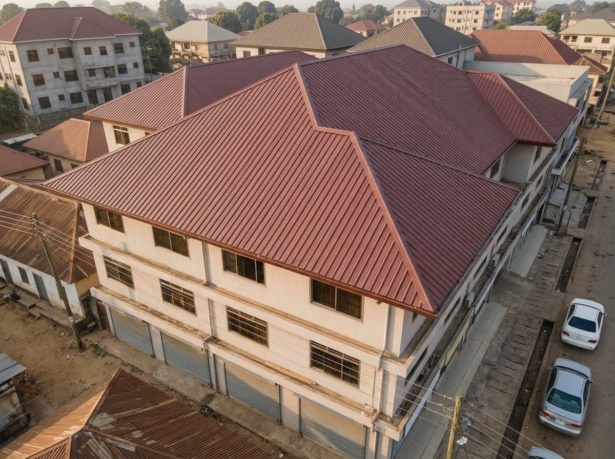 Side view of the mixed-use office building with a maroon IT5 roof